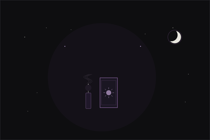 Is tarot bad or evil: a tarot deck resting quietly beside a candle and open book in the Lunar Haus style