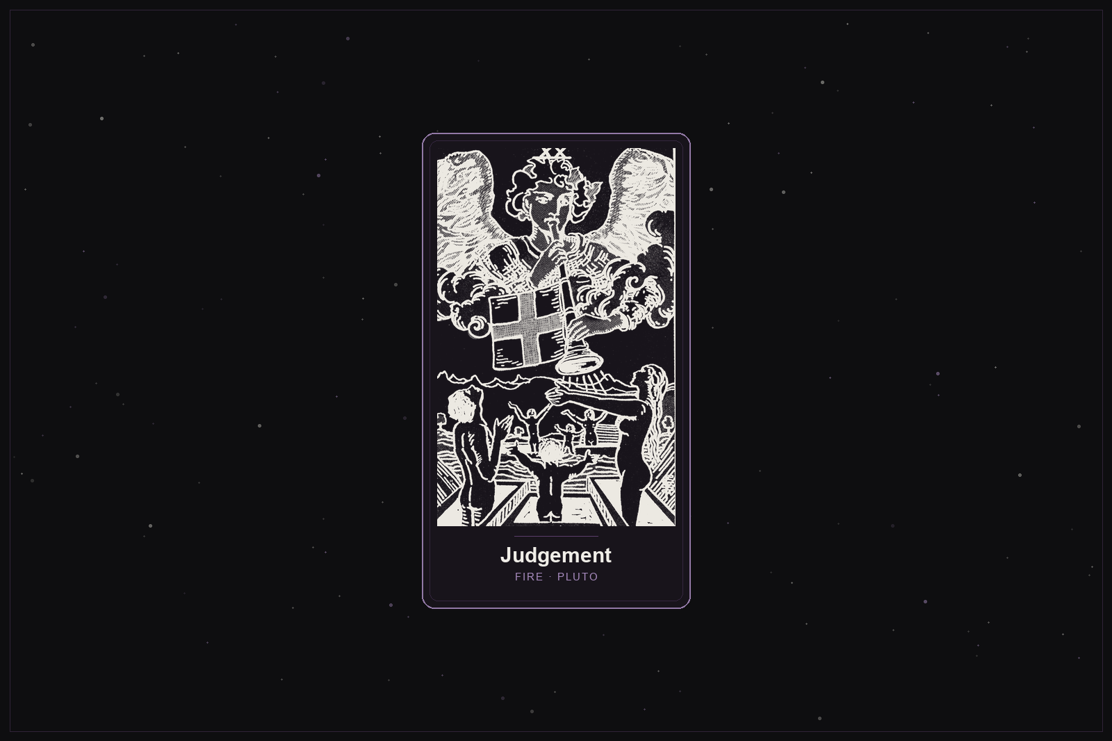 Judgement tarot card in the Lunar Haus style: the classic Rider-Waite Judgement card rendered as off-white outlines on a dark, starlit card with a plum frame
