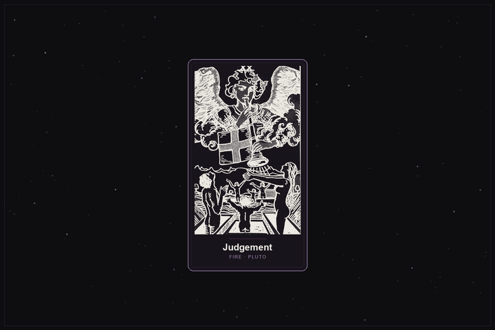 Judgement tarot card in the Lunar Haus style: the classic Rider-Waite Judgement card rendered as off-white outlines on a dark, starlit card with a plum frame
