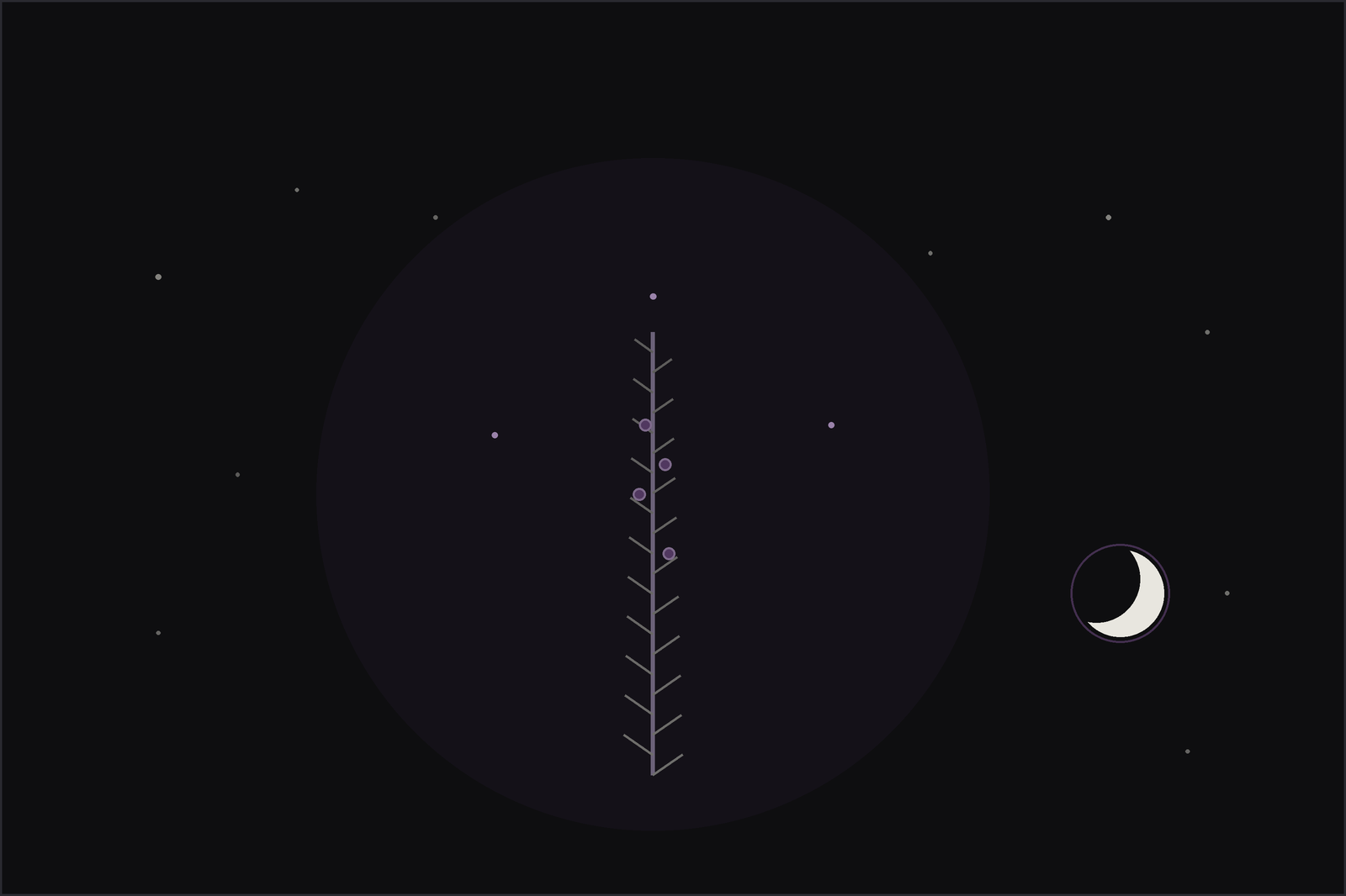 Juniper meaning and uses: a juniper sprig with needle leaves and blue-black berries beneath a crescent moon, in the Lunar Haus style