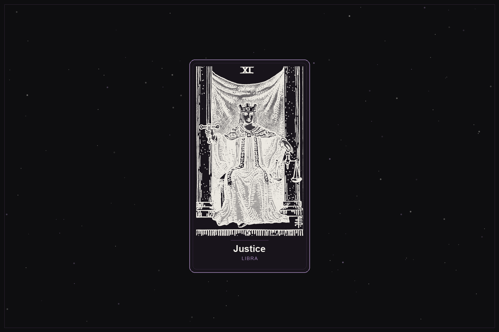 Justice tarot card in the Lunar Haus style: the classic Rider-Waite Justice card rendered as off-white outlines on a dark, starlit card with a plum frame