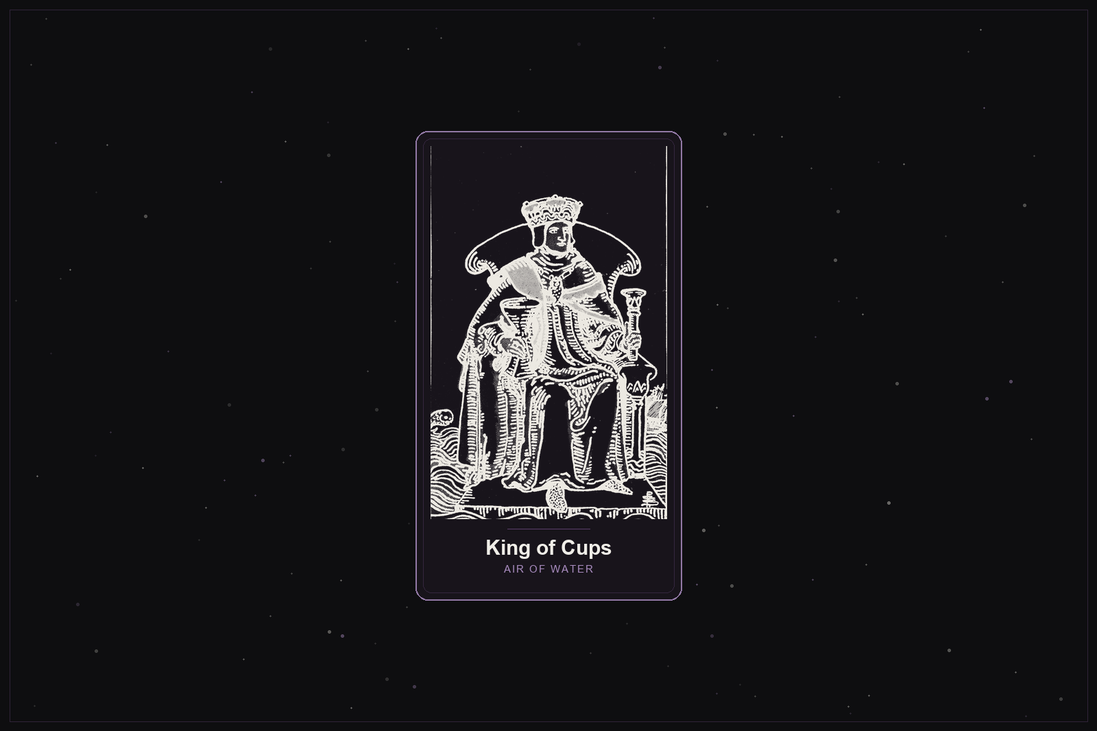 King of Cups tarot card in the Lunar Haus style: the classic Rider-Waite King of Cups on a throne above the sea, rendered as off-white outlines on a dark, starlit card with a plum frame