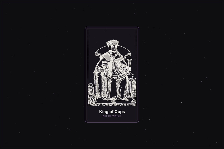 King of Cups tarot card in the Lunar Haus style: the classic Rider-Waite King of Cups on a throne above the sea, rendered as off-white outlines on a dark, starlit card with a plum frame