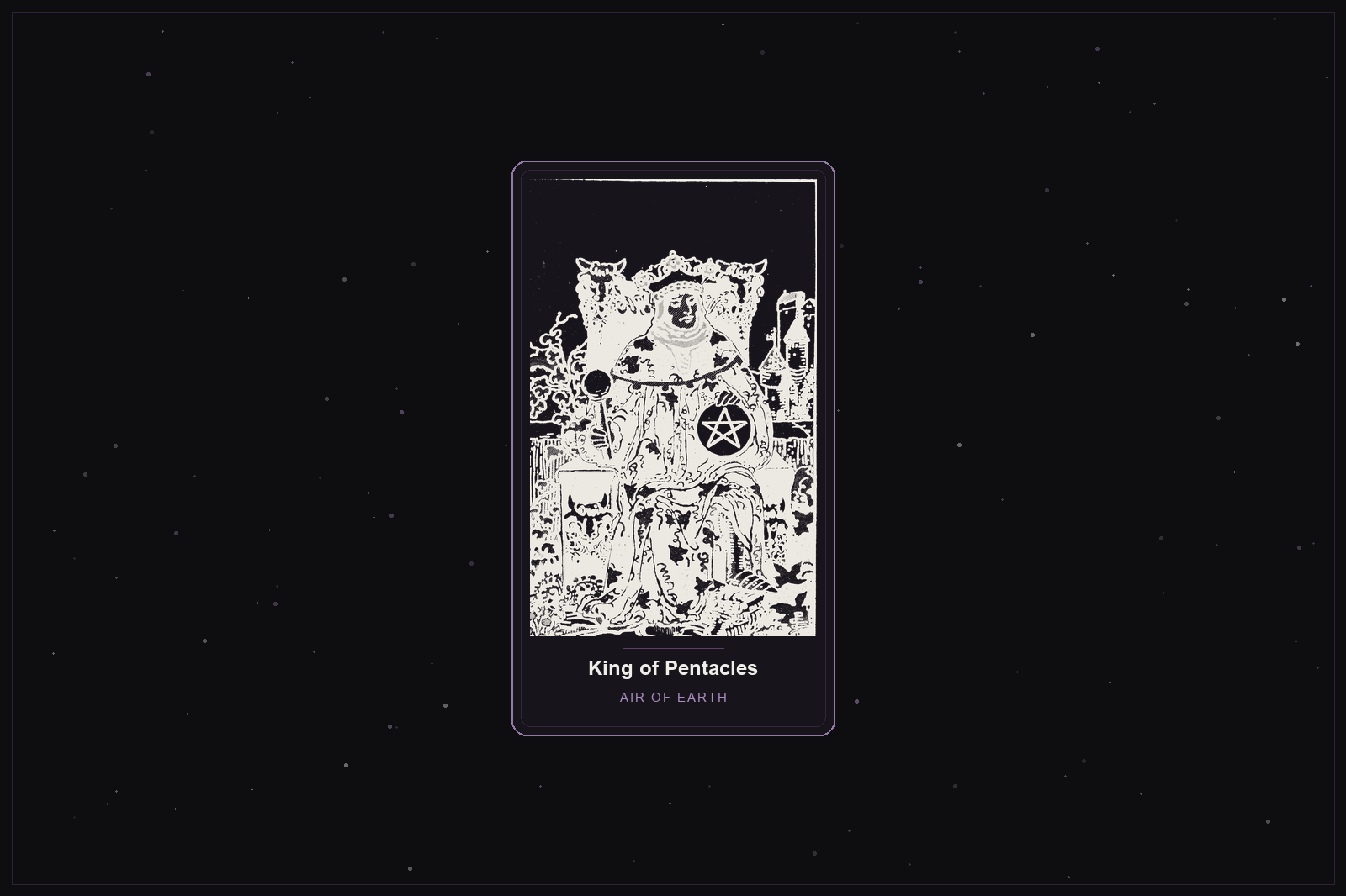 King of Pentacles tarot card in the Lunar Haus style: the classic Rider-Waite King of Pentacles on a throne amid vines, rendered as off-white outlines on a dark, starlit card with a plum frame