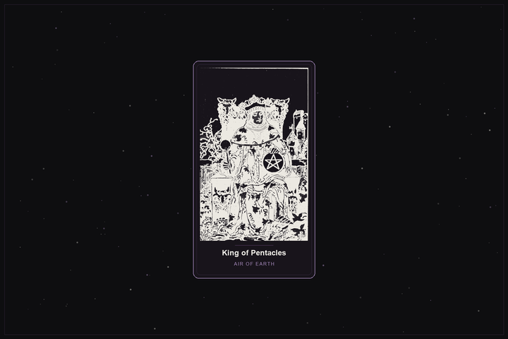 King of Pentacles tarot card in the Lunar Haus style: the classic Rider-Waite King of Pentacles on a throne amid vines, rendered as off-white outlines on a dark, starlit card with a plum frame