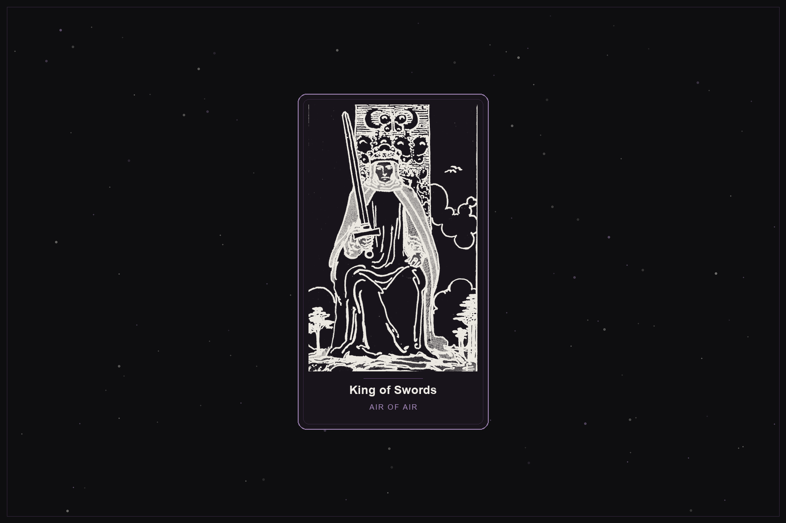King of Swords tarot card in the Lunar Haus style: the classic Rider-Waite King of Swords on a throne with an upright sword, rendered as off-white outlines on a dark, starlit card with a plum frame