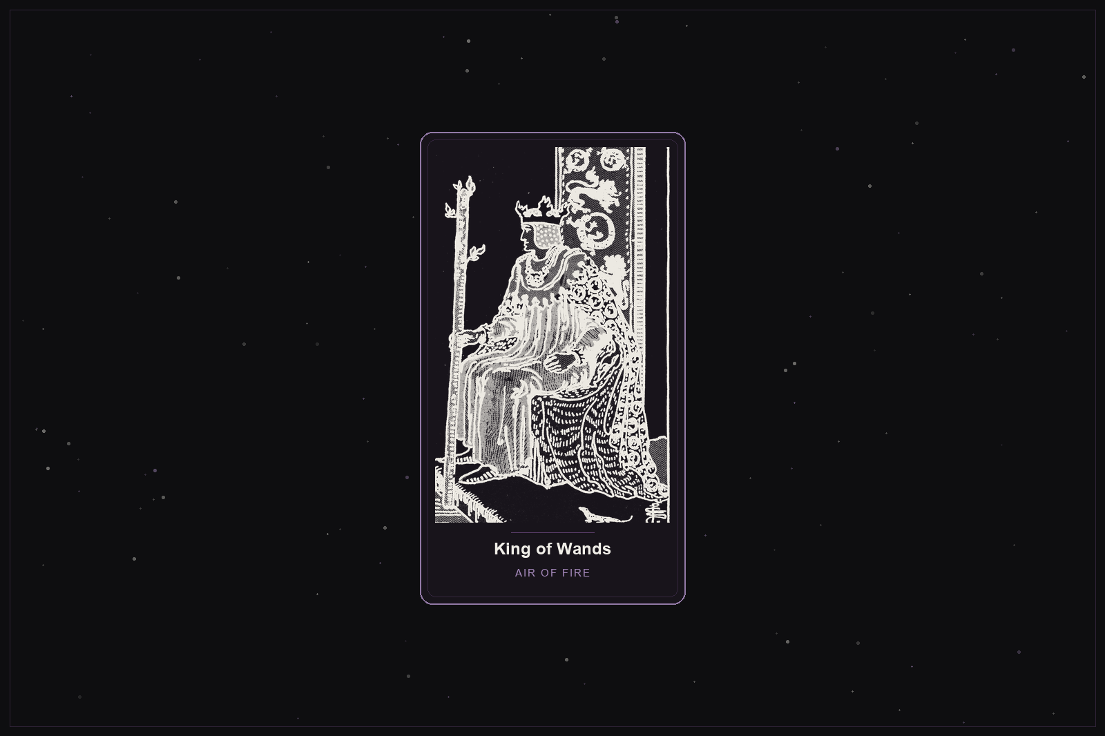 King of Wands tarot card in the Lunar Haus style: the classic Rider-Waite King of Wands holding a flowering staff, rendered as off-white outlines on a dark, starlit card with a plum frame