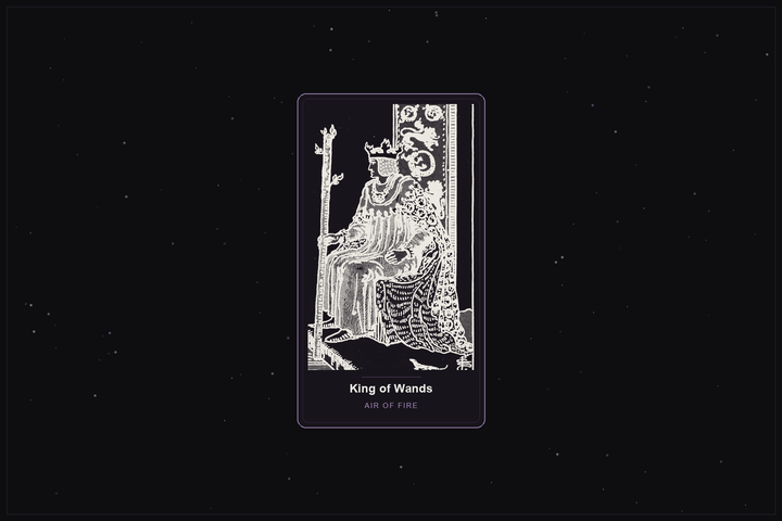 King of Wands tarot card in the Lunar Haus style: the classic Rider-Waite King of Wands holding a flowering staff, rendered as off-white outlines on a dark, starlit card with a plum frame