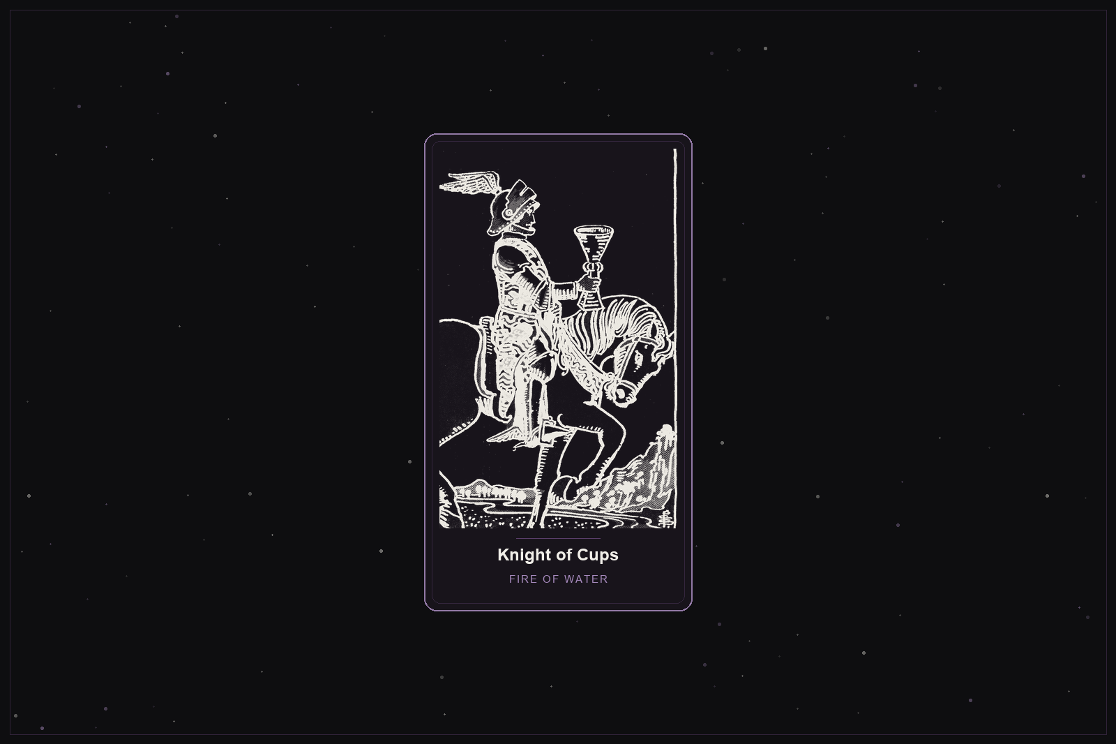 Knight of Cups tarot card in the Lunar Haus style: the classic Rider-Waite Knight of Cups offering a cup, rendered as off-white outlines on a dark, starlit card with a plum frame
