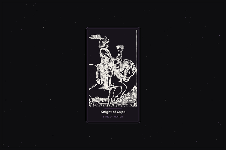 Knight of Cups tarot card in the Lunar Haus style: the classic Rider-Waite Knight of Cups offering a cup, rendered as off-white outlines on a dark, starlit card with a plum frame