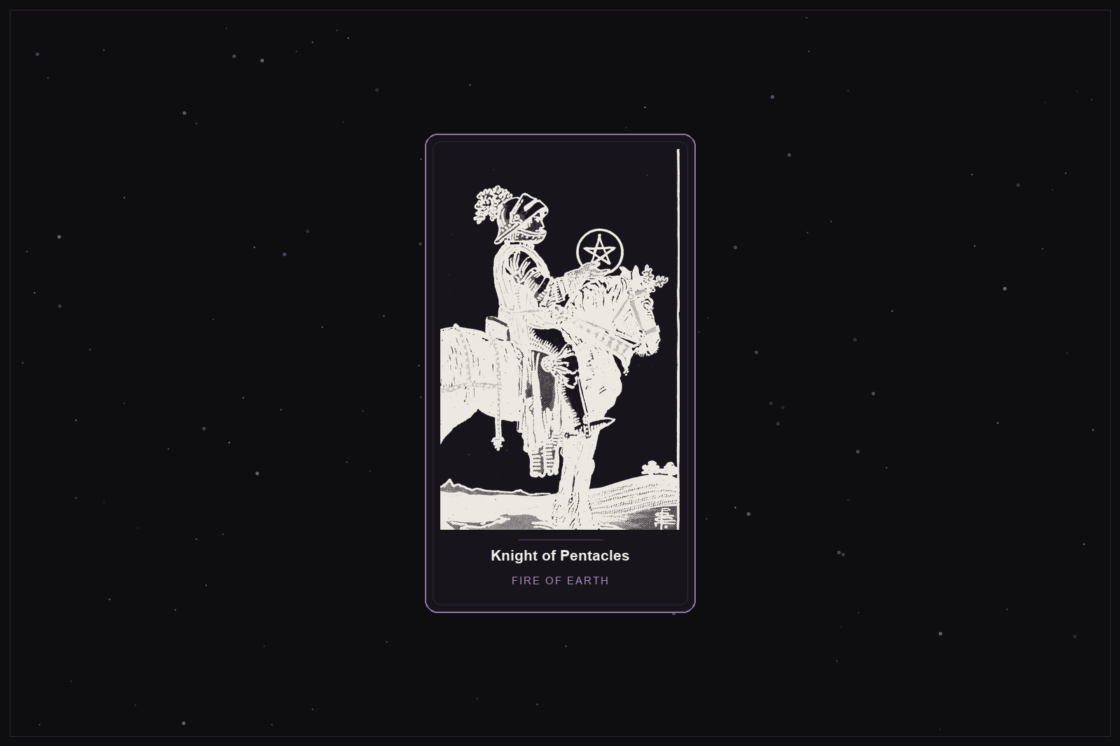 Knight of Pentacles tarot card in the Lunar Haus style: the classic Rider-Waite Knight of Pentacles on a sturdy horse, rendered as off-white outlines on a dark, starlit card with a plum frame
