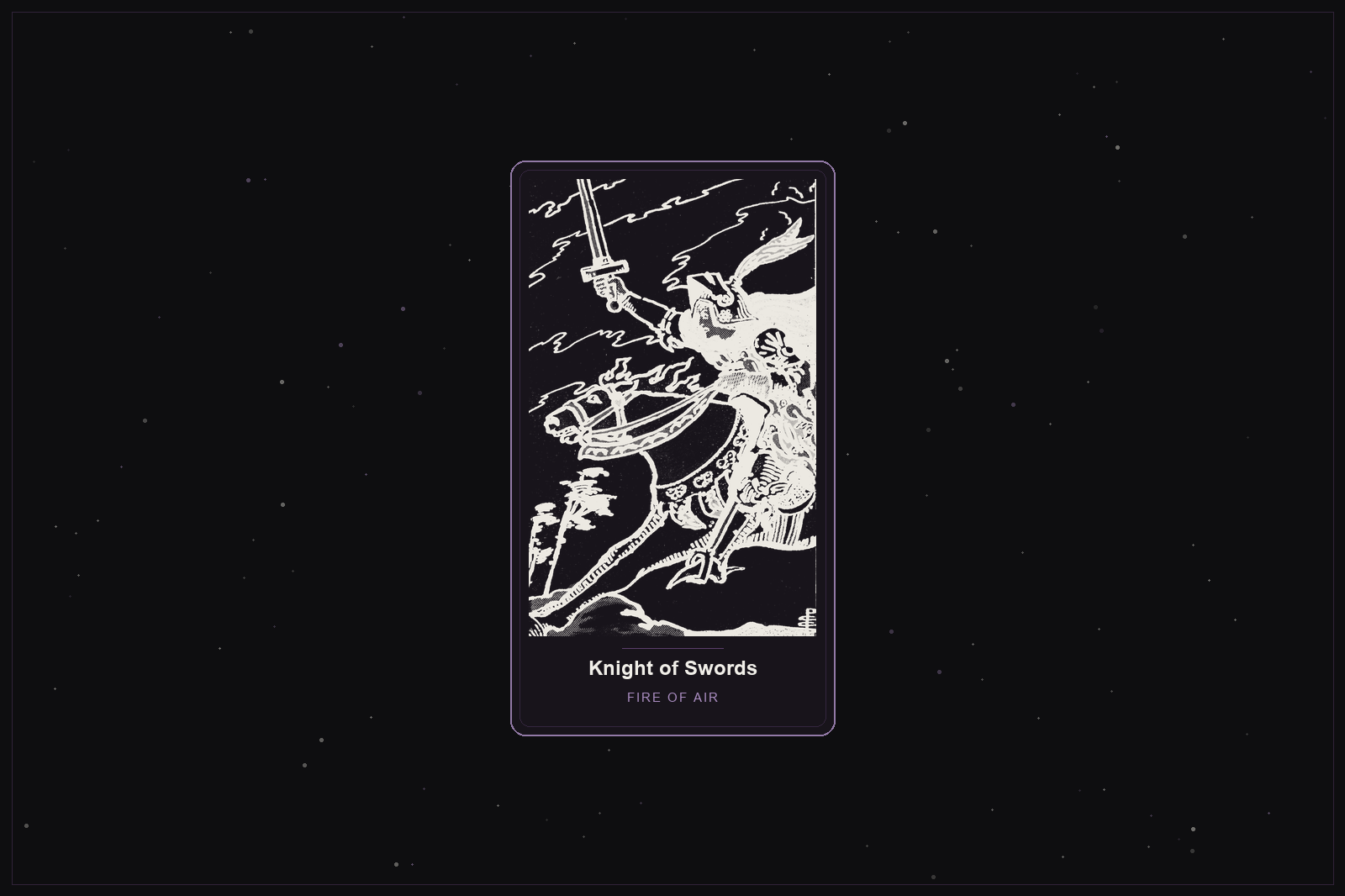 Knight of Swords tarot card in the Lunar Haus style: the classic Rider-Waite Knight of Swords charging on horseback, rendered as off-white outlines on a dark, starlit card with a plum frame