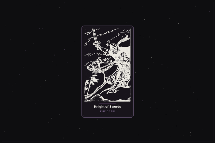 Knight of Swords tarot card in the Lunar Haus style: the classic Rider-Waite Knight of Swords charging on horseback, rendered as off-white outlines on a dark, starlit card with a plum frame