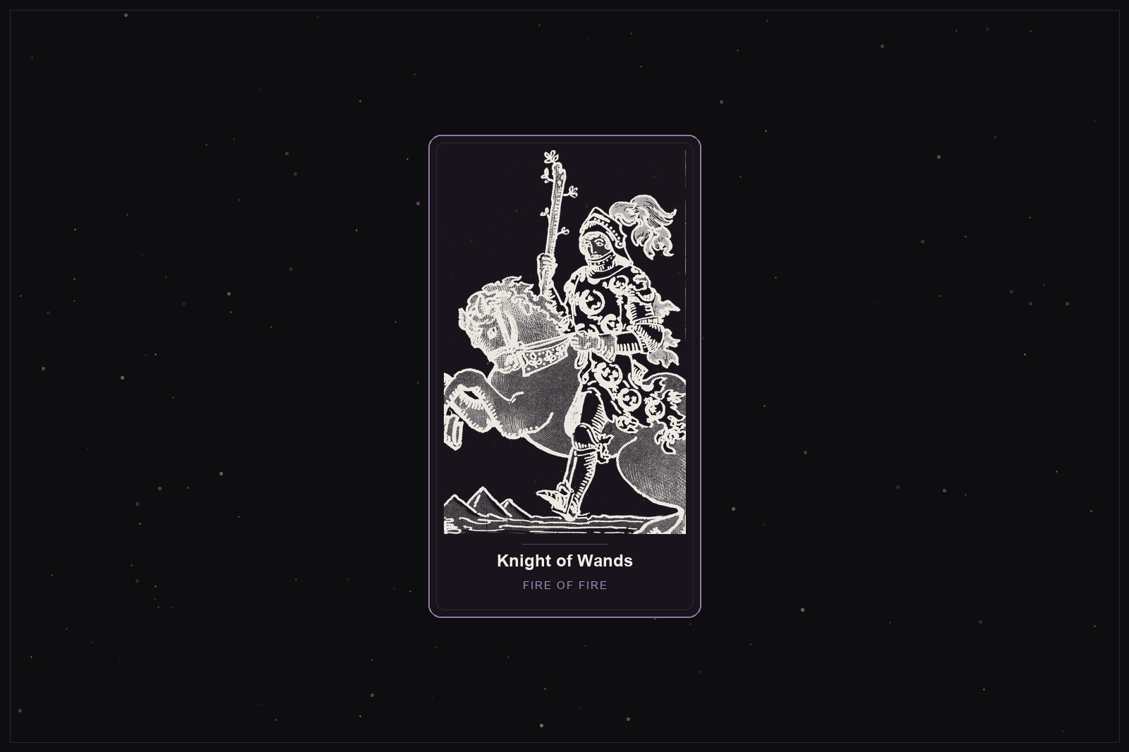 Knight of Wands tarot card in the Lunar Haus style: the classic Rider-Waite Knight of Wands on a rearing horse, rendered as off-white outlines on a dark, starlit card with a plum frame