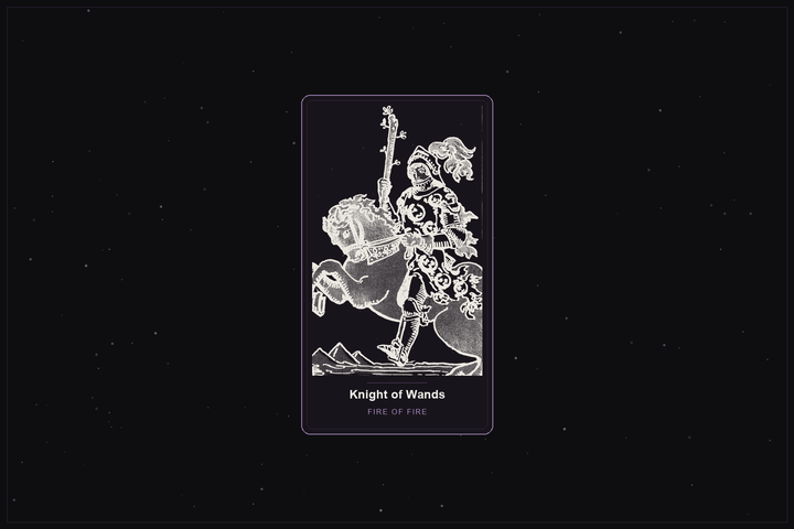 Knight of Wands tarot card in the Lunar Haus style: the classic Rider-Waite Knight of Wands on a rearing horse, rendered as off-white outlines on a dark, starlit card with a plum frame