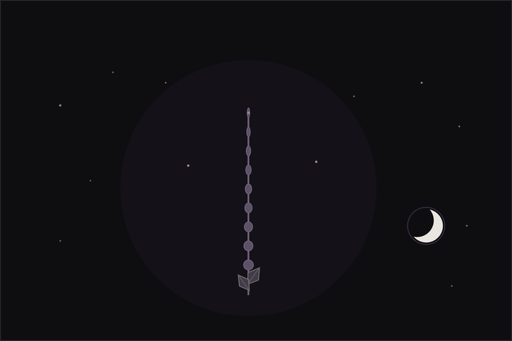 Lavender meaning and uses: a slender spike of purple lavender flowers with silvery leaves beneath a crescent moon, in the Lunar Haus style