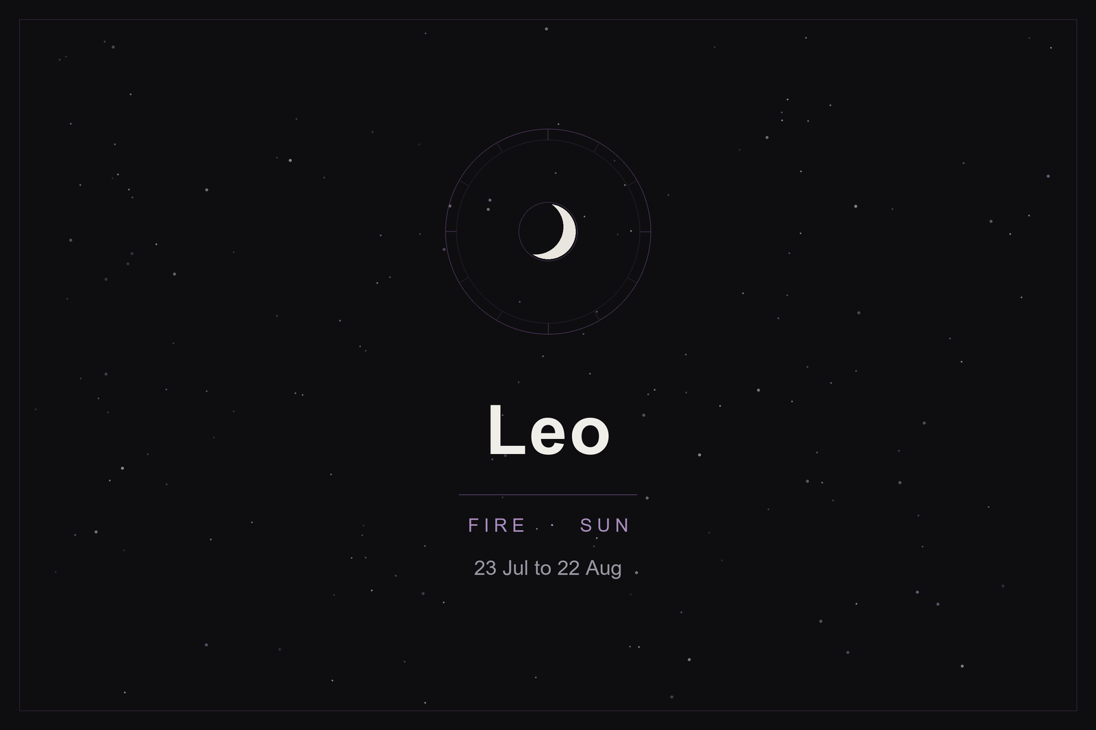 Leo star sign: the lion's zodiac wheel and a crescent moon over a dark, starlit sky