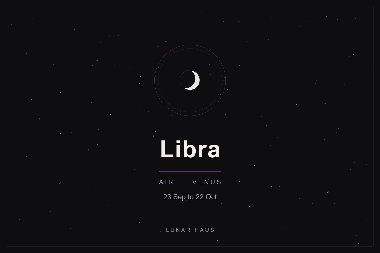 Libra star sign: the scales' zodiac wheel and a crescent moon over a dark, starlit sky