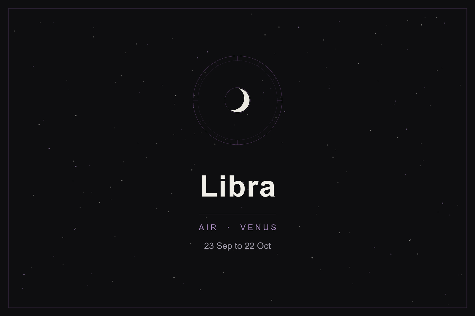 Libra star sign: the scales' zodiac wheel and a crescent moon over a dark, starlit sky