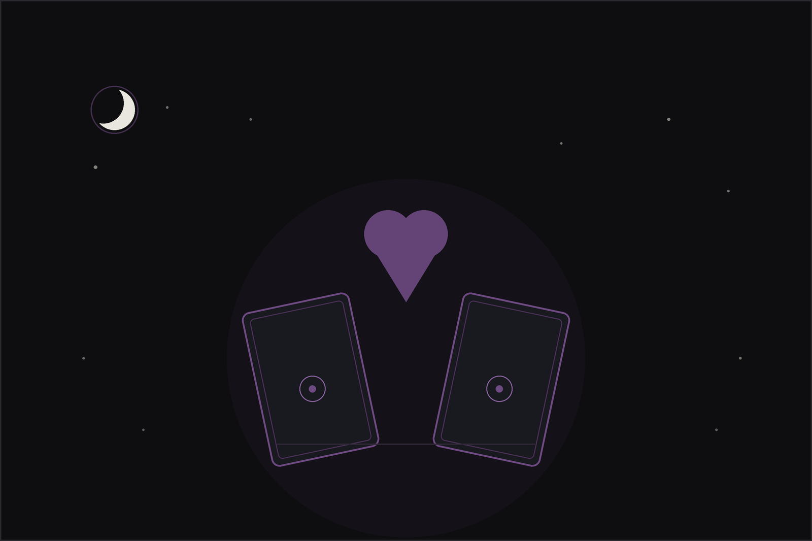 Love tarot spread: two tarot cards and a plum heart beneath a crescent moon on a dark flat lay