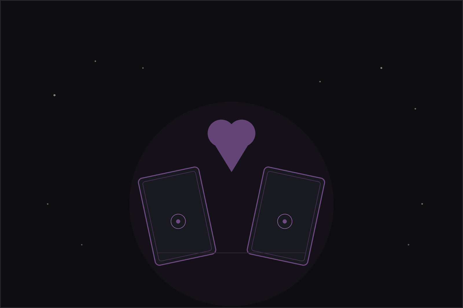 Love tarot spread: two tarot cards and a plum heart beneath a crescent moon on a dark flat lay