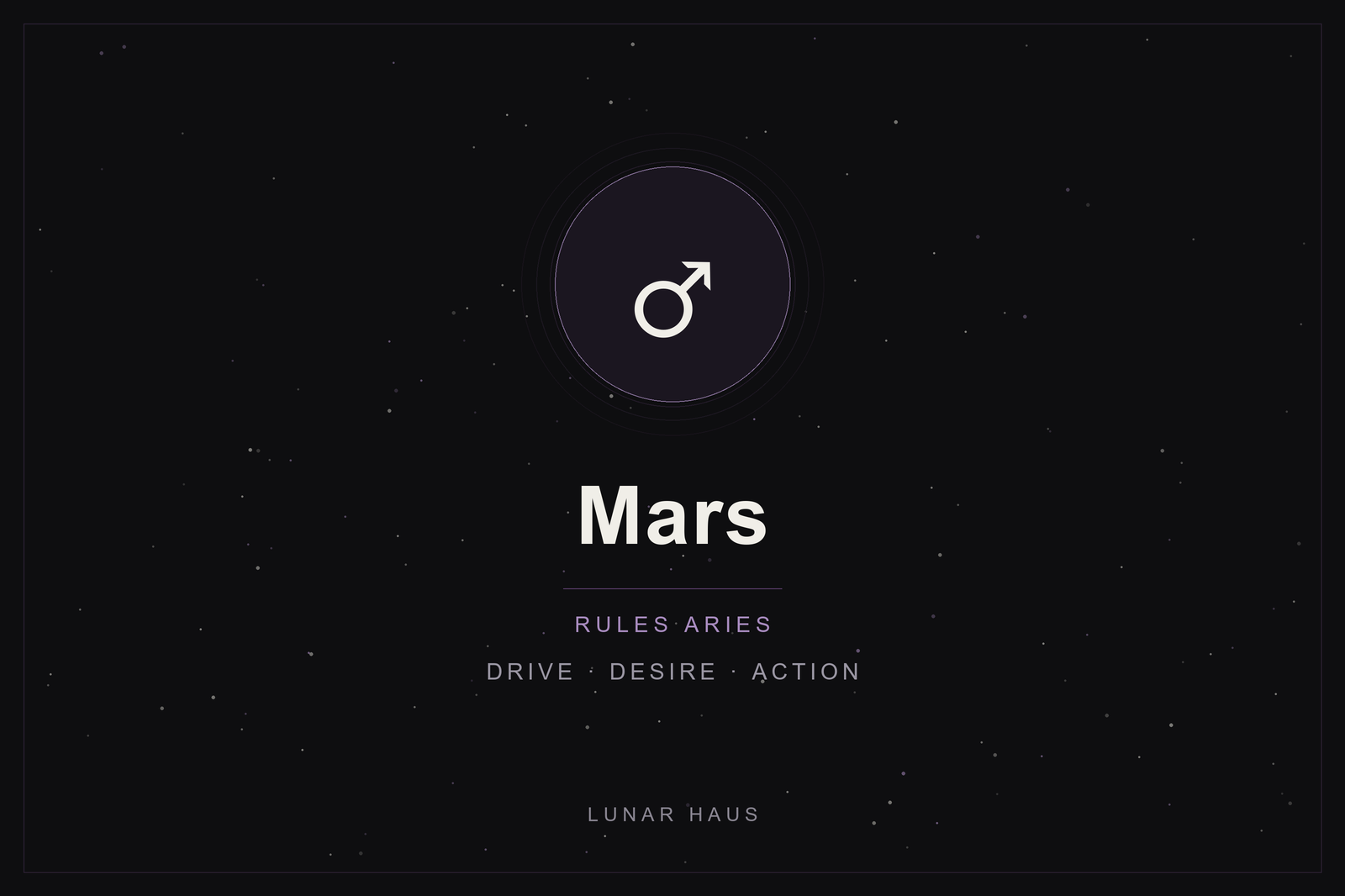 Mars in astrology: the Mars glyph in a plum-ringed disc on a dark, starlit sky