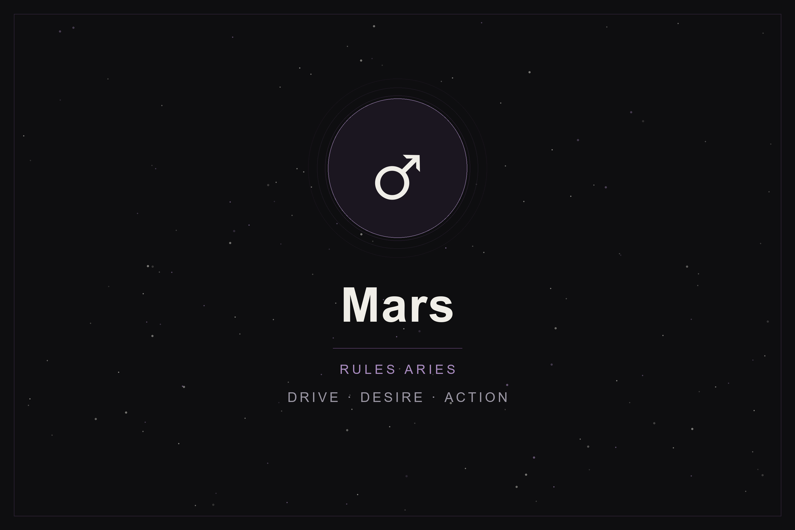 Mars in astrology: the Mars glyph in a plum-ringed disc on a dark, starlit sky