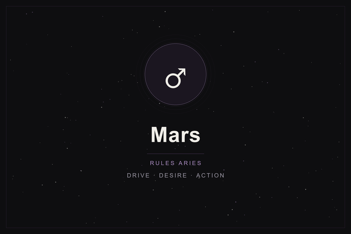 Mars in astrology: the Mars glyph in a plum-ringed disc on a dark, starlit sky
