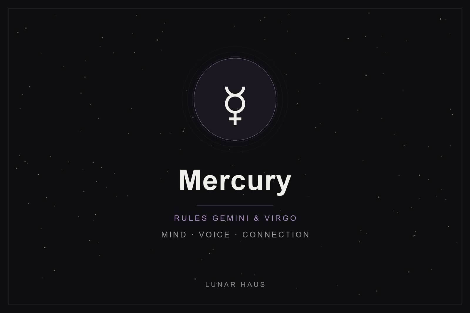 Mercury in astrology: the Mercury glyph in a plum-ringed disc on a dark, starlit sky