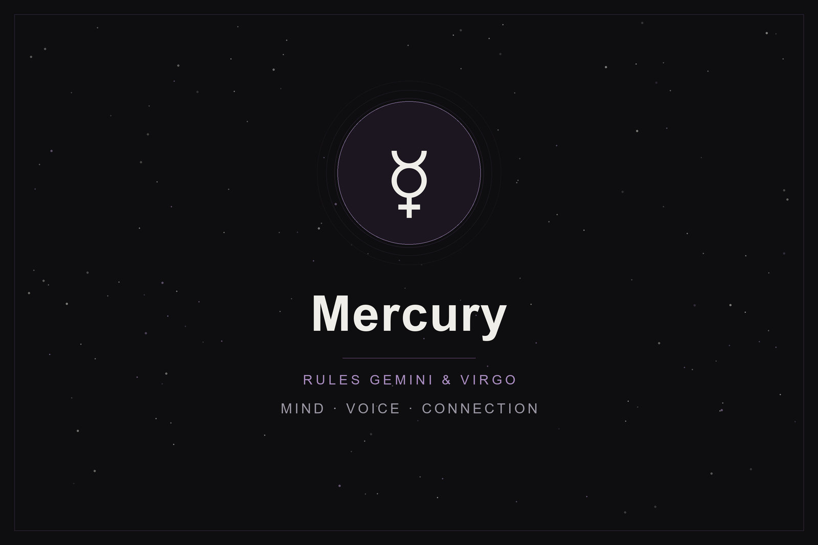 Mercury in astrology: the Mercury glyph in a plum-ringed disc on a dark, starlit sky