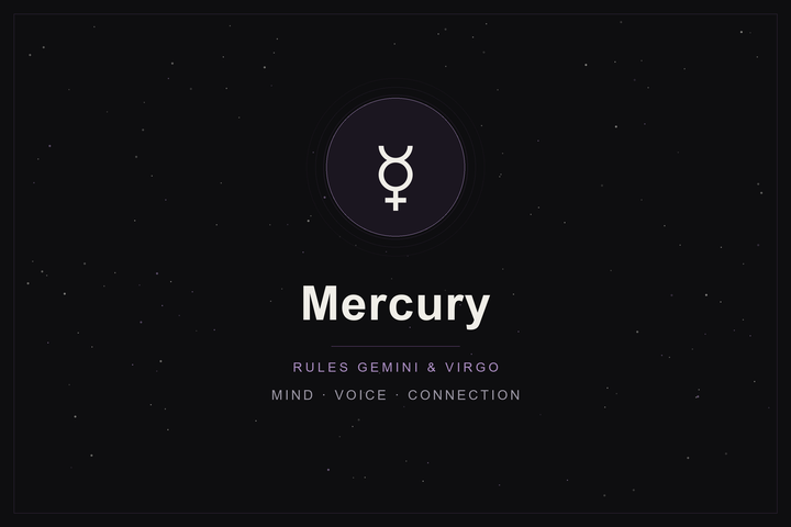 Mercury in astrology: the Mercury glyph in a plum-ringed disc on a dark, starlit sky