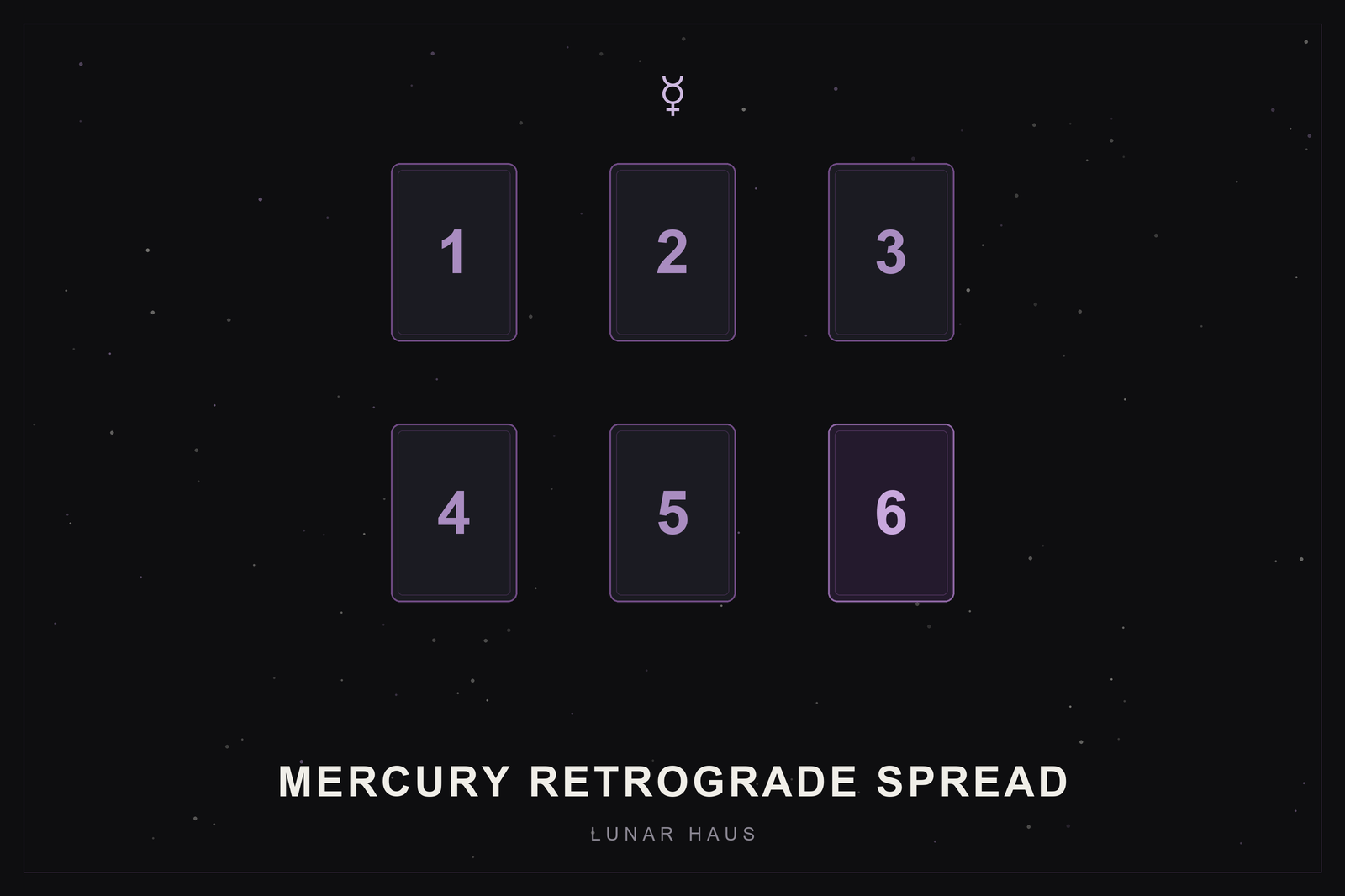Mercury retrograde tarot spread: a six-card layout in two rows of three with the final card highlighted in plum
