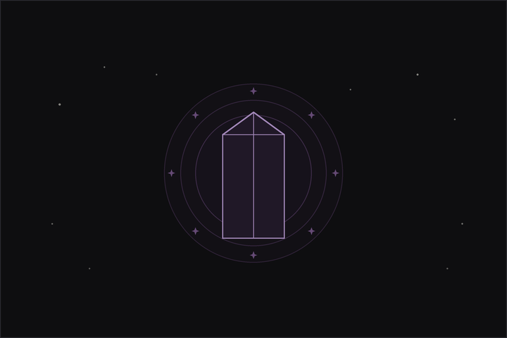 Metaphysical properties of crystals: a glowing crystal point ringed by a soft plum aura and sparkles on a night sky.