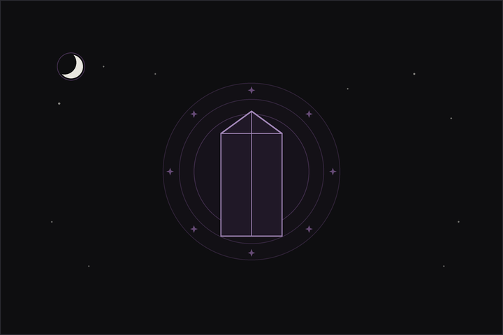 Metaphysical properties of crystals: a glowing crystal point ringed by a soft plum aura and sparkles on a night sky.