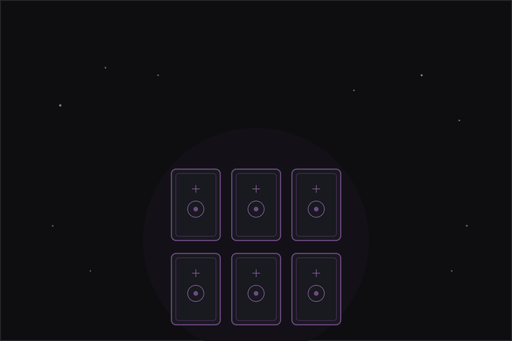 Month ahead tarot spread: six tarot cards laid in a grid beneath a crescent moon