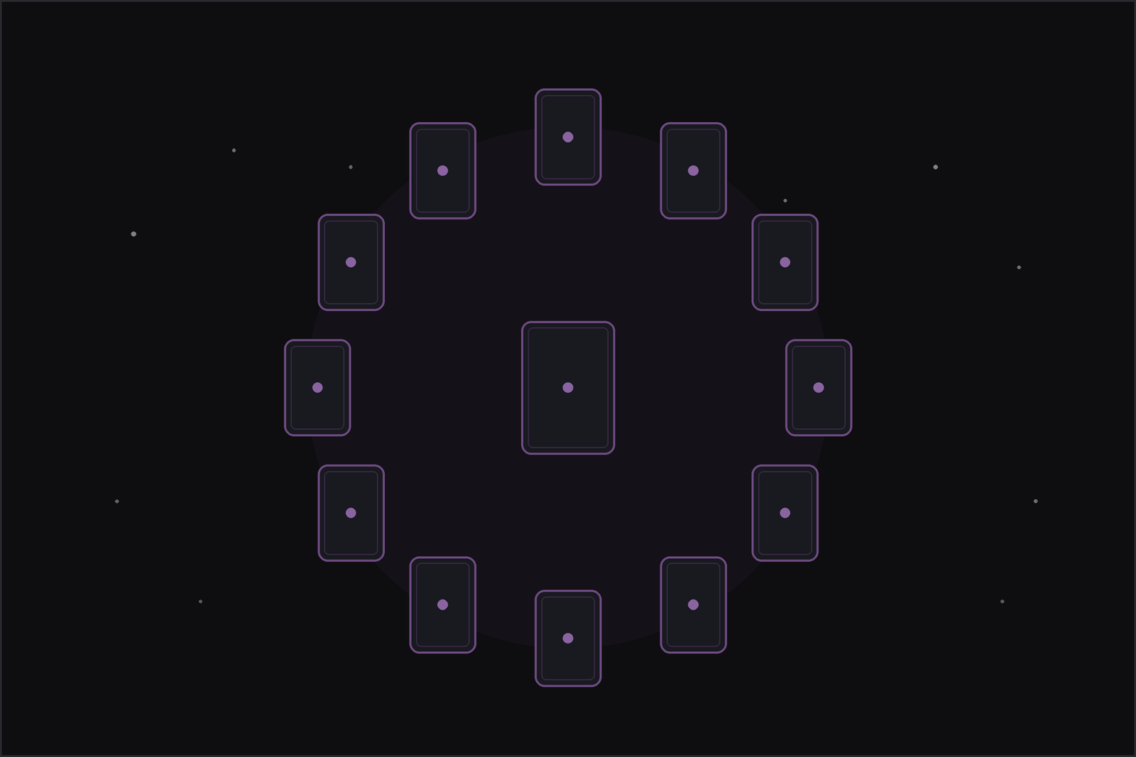 Monthly tarot spread layout: twelve tarot cards arranged in a ring with a central card, beneath a crescent moon