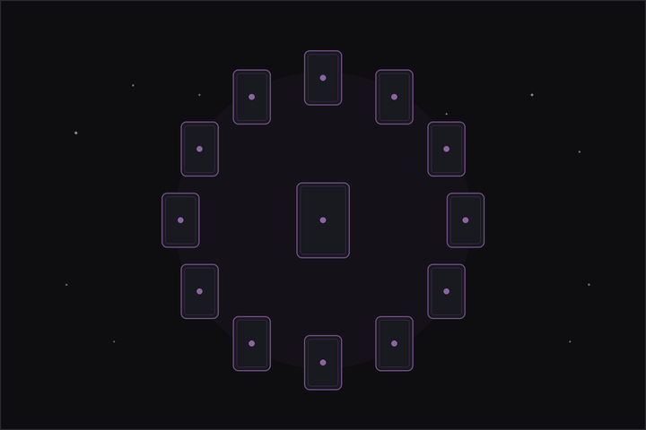 Monthly tarot spread layout: twelve tarot cards arranged in a ring with a central card, beneath a crescent moon
