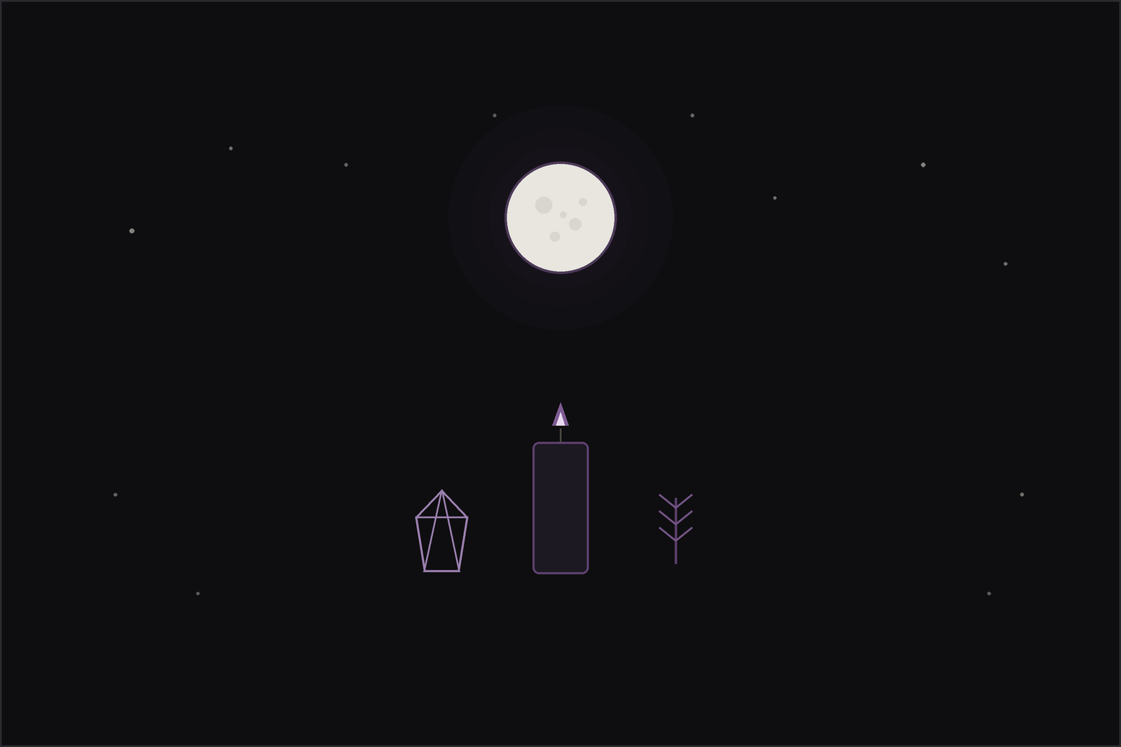 Moon spells: a candle, a crystal and a herb sprig laid out as a small altar beneath the moon.