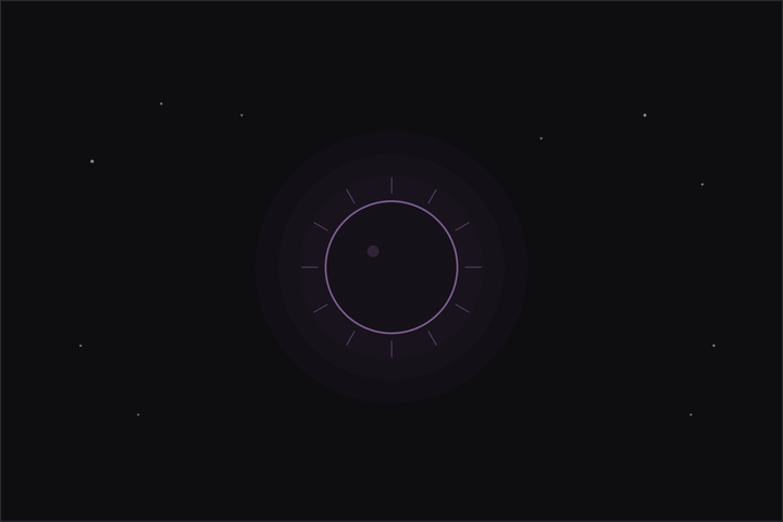 New moon energy: a dark new moon ringed by a soft plum aura among stars on a night sky.