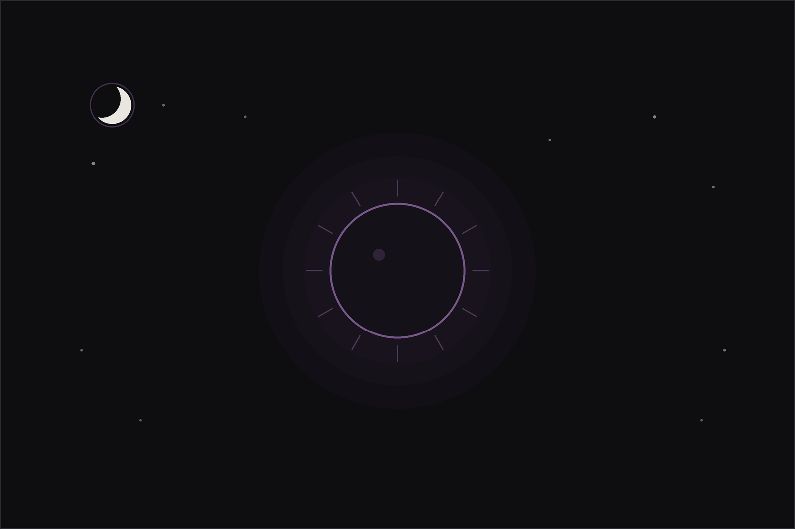 New moon energy: a dark new moon ringed by a soft plum aura among stars on a night sky.