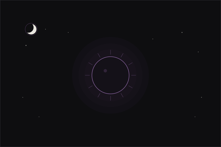 New moon energy: a dark new moon ringed by a soft plum aura among stars on a night sky.