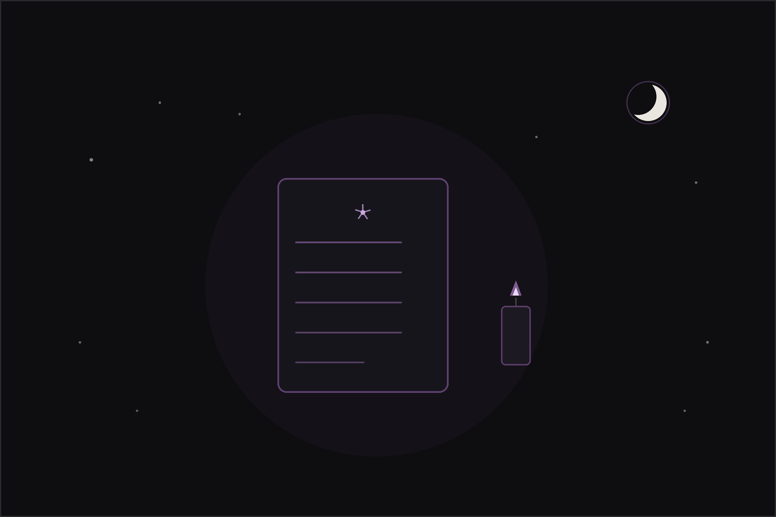 New moon intentions: a page of handwritten intentions beside a lit candle under a crescent moon.