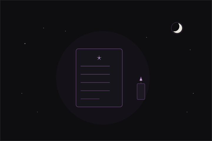 New moon intentions: a page of handwritten intentions beside a lit candle under a crescent moon.