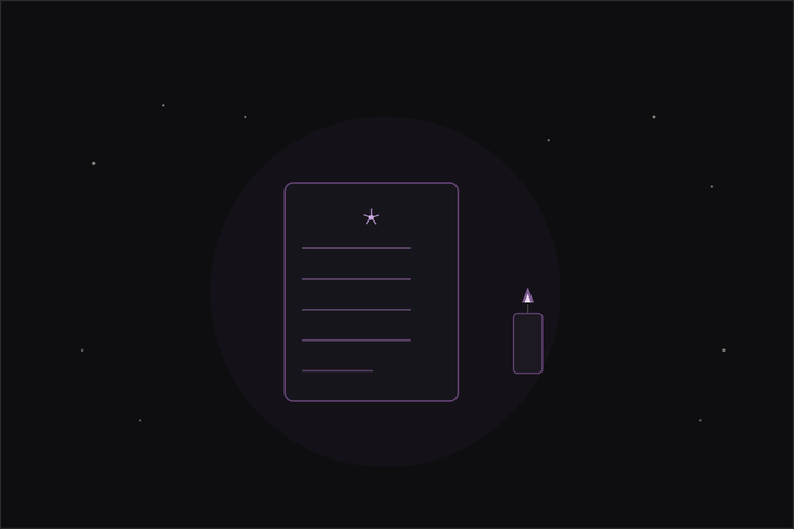 New moon intentions: a page of handwritten intentions beside a lit candle under a crescent moon.