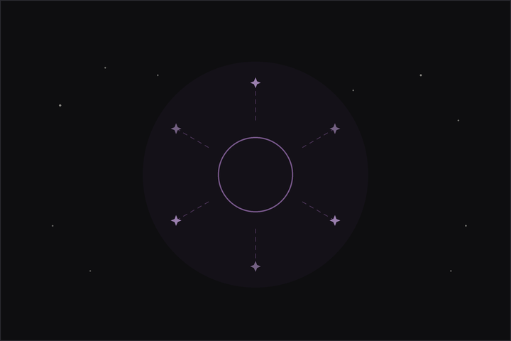 New moon manifestation: stars drawn inward toward a dark new moon along plum lines on a night sky.