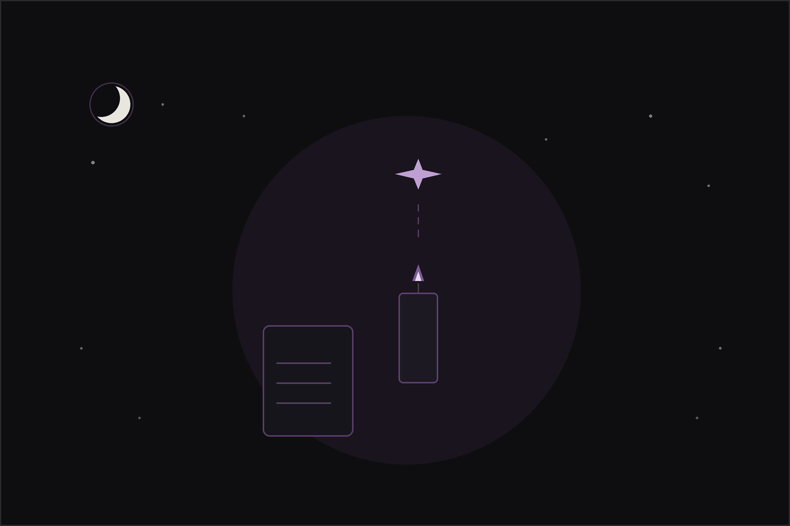 New moon manifestation ritual: a lit candle with a plum spark rising and a written page beside it.
