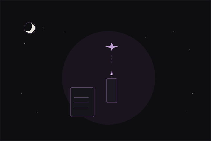 New moon manifestation ritual: a lit candle with a plum spark rising and a written page beside it.