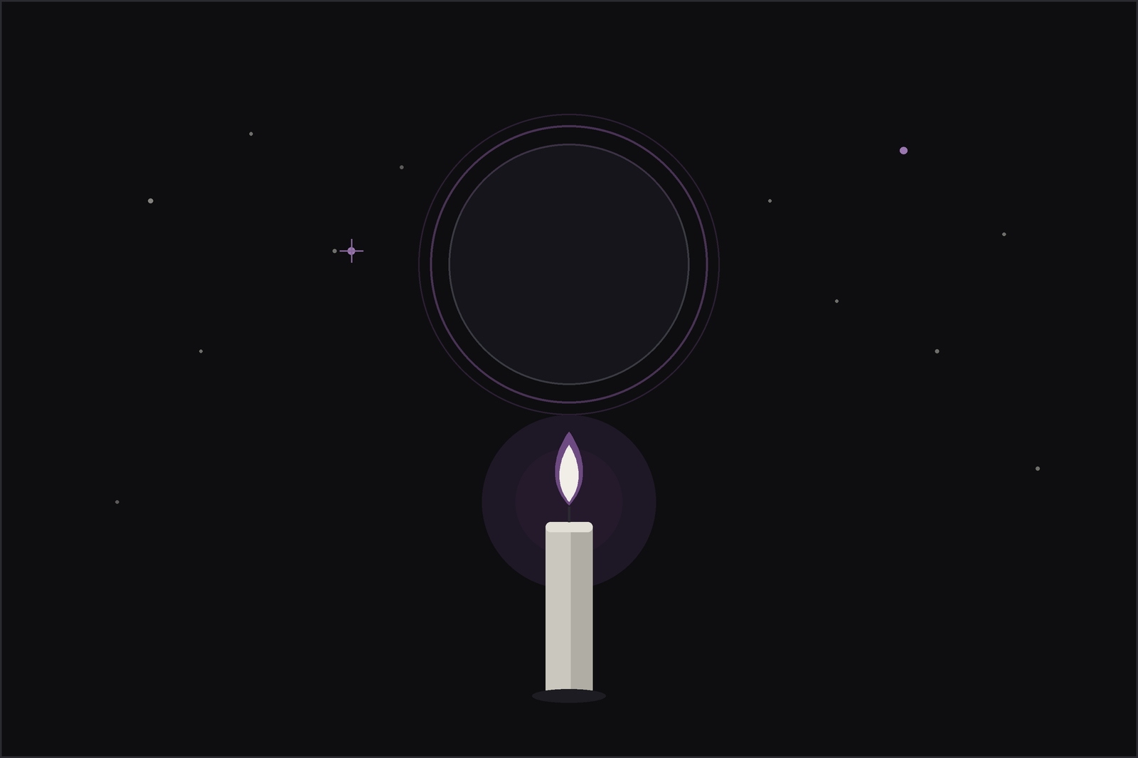 New moon ritual: a dark new moon ringed in plum above a softly lit candle