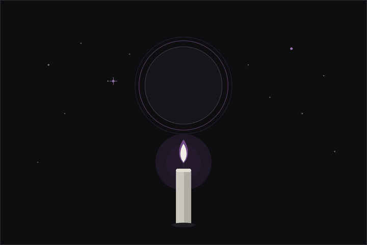 New moon ritual: a dark new moon ringed in plum above a softly lit candle