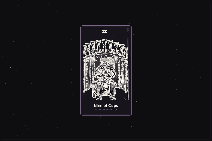 Nine of Cups tarot card in the Lunar Haus style: the classic Rider-Waite Nine of Cups, a contented figure before nine cups, rendered as off-white outlines on a dark, starlit card with a plum frame